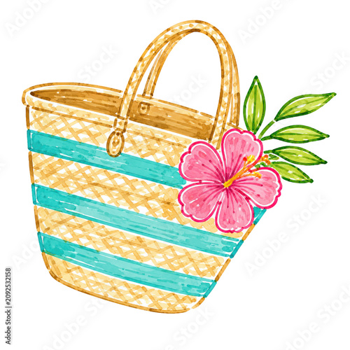 Striped Straw Beach Tote with Hibiscus Summer Vacation Illustration for Tropical Designs
