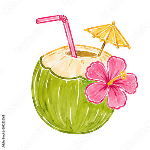 Fresh Coconut Drink with Hibiscus Tropical Summer Illustration for Beach Vacation Designs