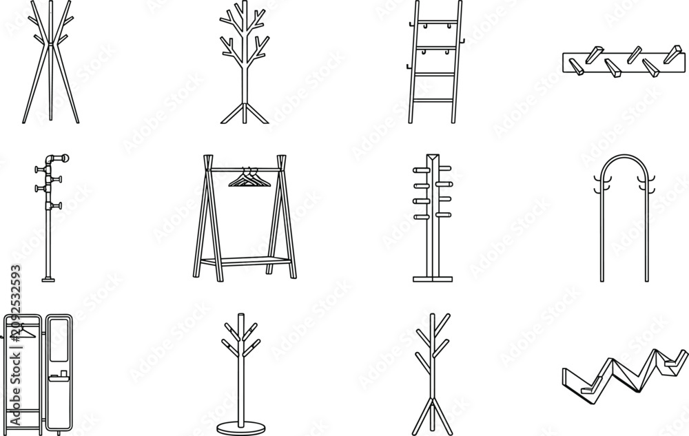 Naklejka premium Coat Rack Stand and Modern Hallway Furniture Line Icon Set Featuring Black Outline Vectors of Garment Racks Wall Hooks Hangers and Entryway Storage Organizers