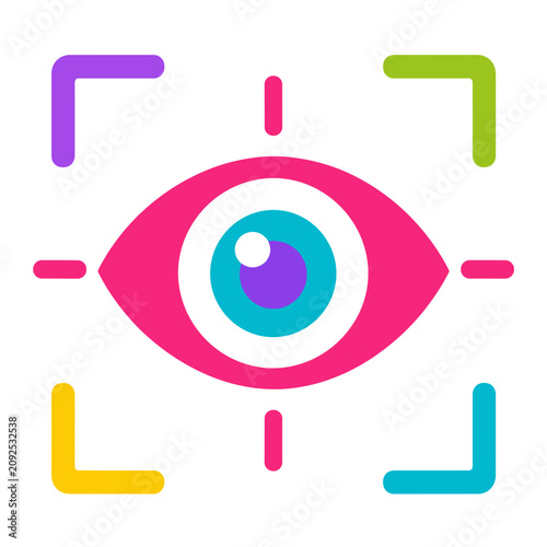 Bright eye with colorful targeting lines. Modern design, playful and bold. Ideal for tech, media, or search concepts. Visually engaging and easily recognizable