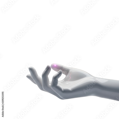 Futuristic 3d glossy hand with glowing pink touch point isolated on transparent background for technology and web branding