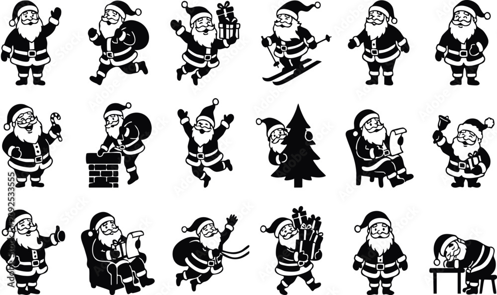 Fototapeta premium Christmas Santa vector bundle black and white illustrations of Santa in various festive poses