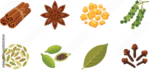 Foto Set of traditional culinary spices and aromatic herbs icons including cinnamon s
