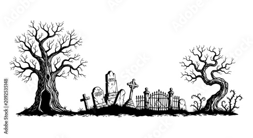 Spooky Halloween graveyard vector illustration, hand drawn cemetery with dead trees and tombstones, gothic graveyard landscape for seasonal design