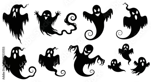Photography Spooky Halloween ghost silhouettes set, black flying phantom characters vector,