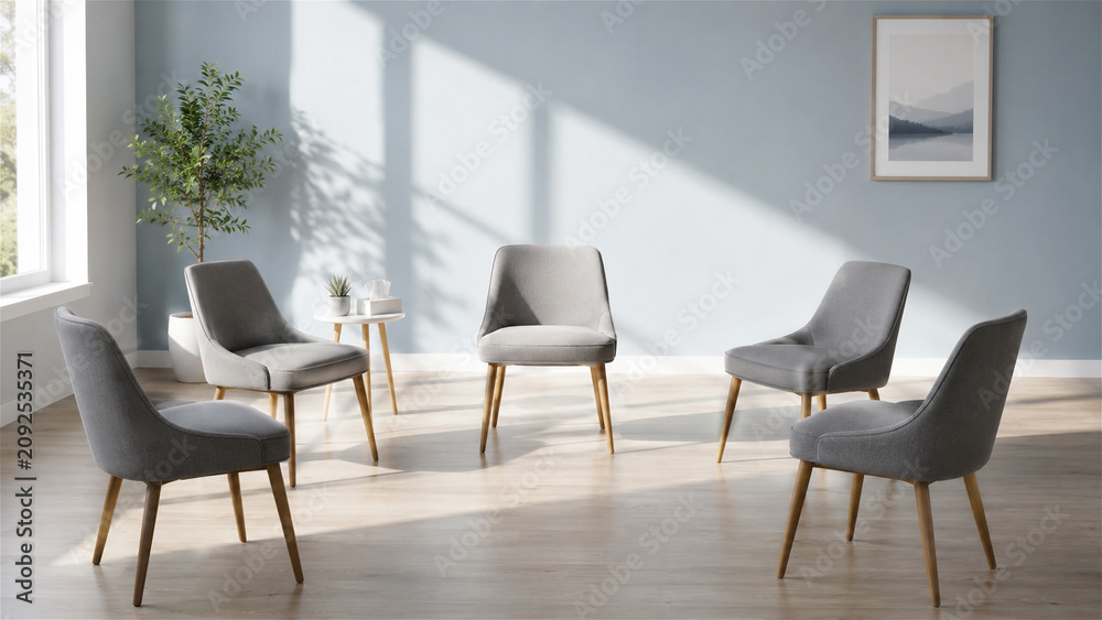 Obraz premium grey chairs arranged in a circle for a group meeting in a modern room. Concept of counseling, therapy session or business discussion in a minimalist interior with wooden floor