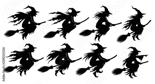 фотографія Halloween witch silhouette collection, 8 flying witch vector set on broomsticks,