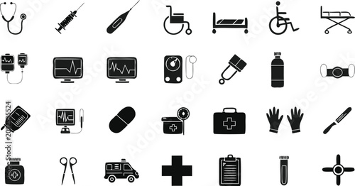 Black Medical Icon Set with Stethoscope Wheelchair Ambulance and Surgical Equipment Vector