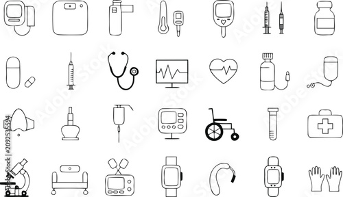 Thin Line Medical Device Icon Set with Stethoscope Wheelchair Monitor and Health Tracker Vector