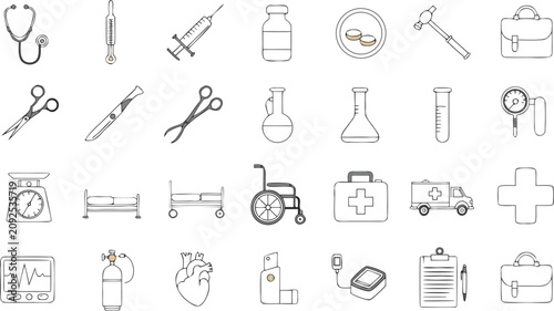 Outline Medical Equipment Icon Set with Stethoscope Wheelchair Ambulance and Laboratory Tools Vector