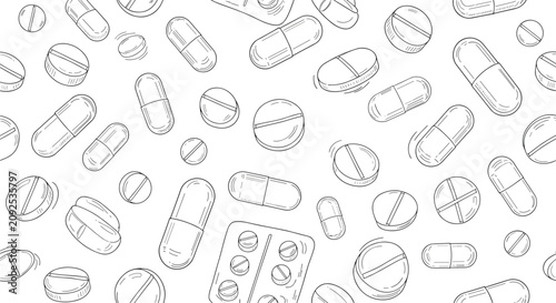 Medical pills, tablets, and capsules seamless pattern design in black and white hand drawn sketch style over white background.