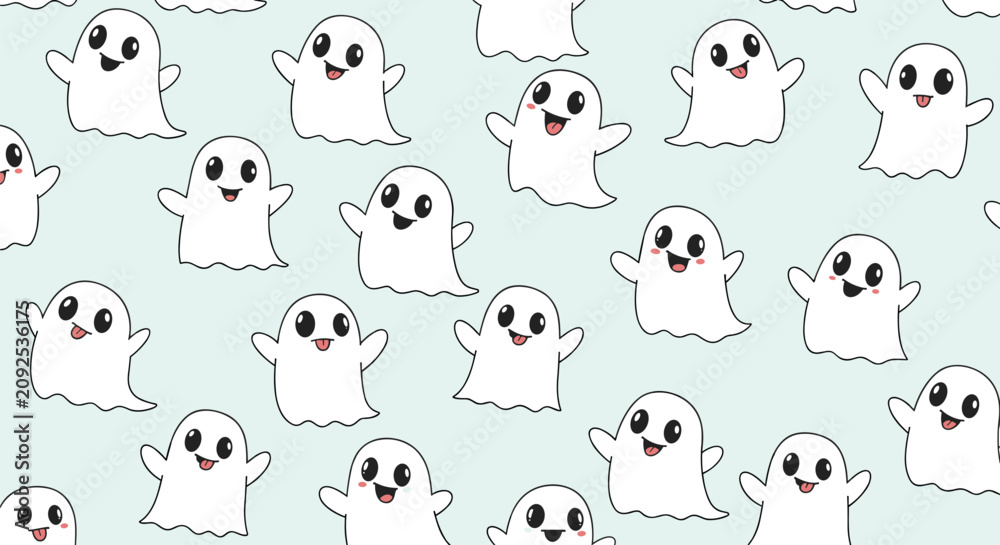 Obraz premium Funny cartoon white ghosts seamless pattern on light mint background for kids halloween textile design.