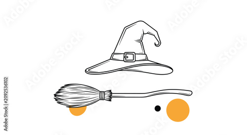 Witch hat and broomstick line art illustration with orange watercolor circles isolated on a white background.