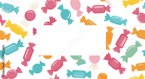 Festive border template decorated with a colorful frame of sweet cartoon candies on a clean white background.