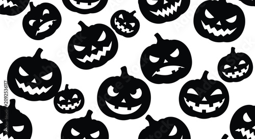 Spooky halloween pumpkin silhouettes seamless pattern with scary faces isolated on white background.