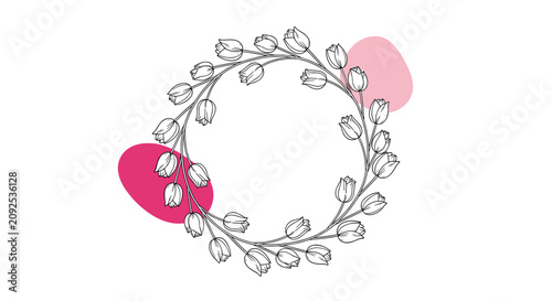 Elegant round tulip wreath sketch with abstract pink shapes on white background for greeting card design.