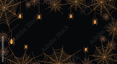 Spooky halloween frame of orange spider webs and hanging spiders on pitch black dark vector background.