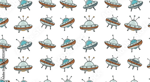 Retro cartoon ufo spaceships seamless pattern on white background for children textile and wallpaper.