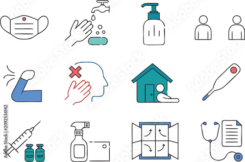 Health Hygiene and Virus Prevention Icon Set with Mask Handwashing and Sanitizer Vector