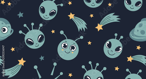 Cute cartoon alien faces and shooting stars seamless pattern on dark blue space background for nursery.