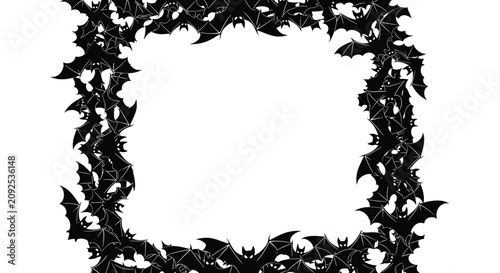 Spooky halloween frame made of black bats silhouettes flying around a central blank space on white.