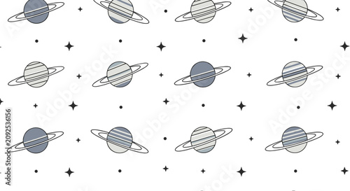 Minimalist seamless pattern of striped planets with saturn rings and black stars on white background.