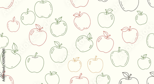 Colorful apple outline doodles seamless pattern on beige background for healthy kitchen textile design.