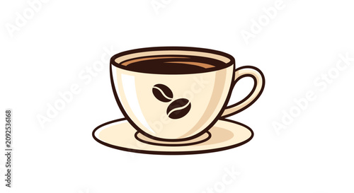Creamy coffee cup with saucer and coffee beans graphic isolated on clean white background representing fresh breakfast.