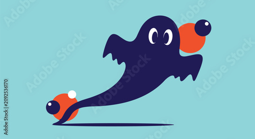 Cute cartoon ghost flying with orange and blue abstract spheres on cyan background for modern halloween.