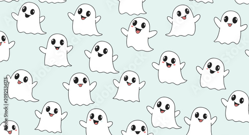 Funny cartoon white ghosts seamless pattern on light mint background for kids halloween textile design.