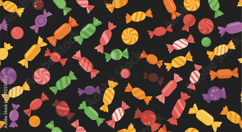 Colorful trick or treat candies seamless pattern on dark background representing halloween holiday sweets.