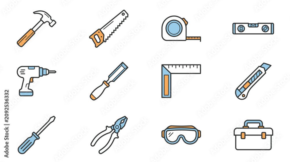 Obraz premium Creative Colorful Line Drawing Set of Essential Hand Tools and Safety Gear for DIY Projects with high quality professional line art symbols for modern creative design and digital branding projects