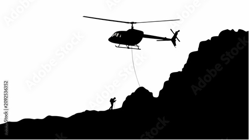 Silhouette illustration of a rescue helicopter lowering a medic to a person standing on a steep mountain ridge against a bright white background