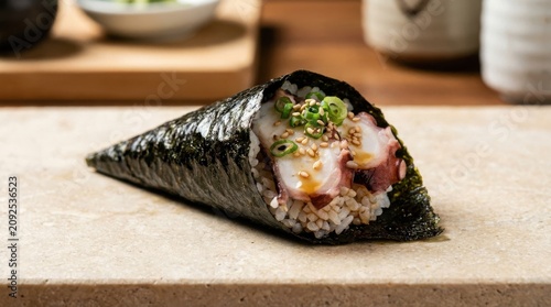 Fresh seafood temaki hand roll garnished with scallions on stone board, handroll