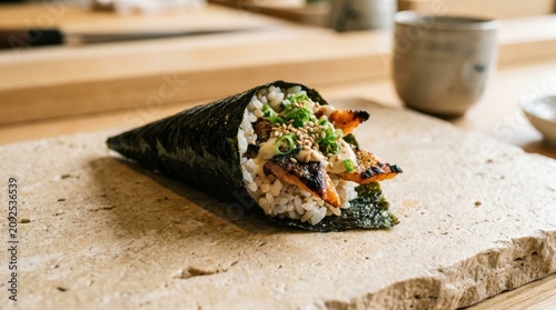 Grilled eel temaki sushi hand roll with scallions on natural stone plate