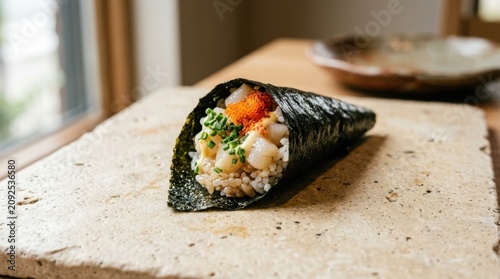 Fresh seafood hand roll sushi temaki with tobiko on stone plate, japanese