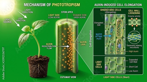 Scientific diagram showing the mechanism of auxin redistribution and phototropism in a plant stem with cell elongation in a green educational style