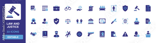 Law and justice icon set containing court trial proceedings, legal system legislation, corporate compliance regulations and civil rights protection glyph symbols.