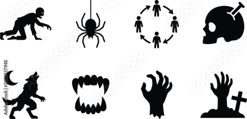Slika na platnu Halloween monster silhouettes collection zombies werewolves spiders skeletons an