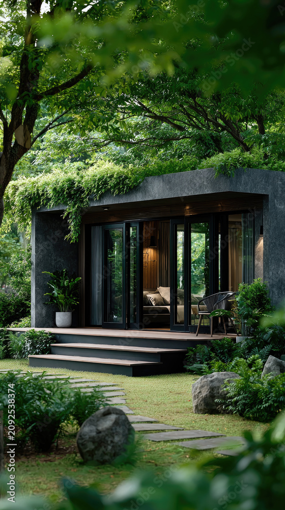 Obraz premium Backyard studio creating a peaceful home workspace or guest house, featuring contemporary modular architecture enhancing a lush garden with steps and green pathways