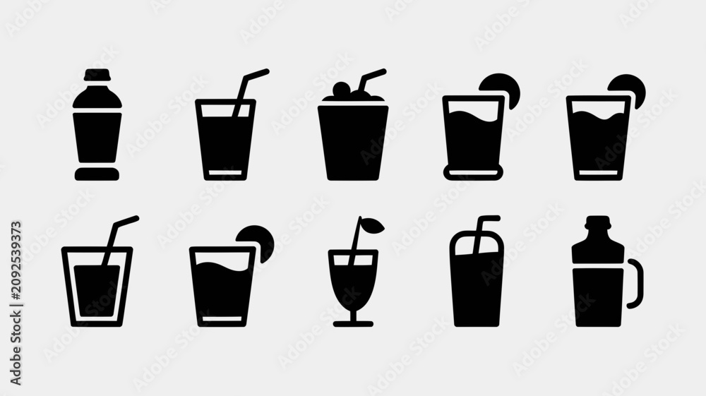 Obraz premium Cold beverage drinks and liquid bottles icons set, fresh cocktail juice glass with drinking straw, refreshment product mockup collection