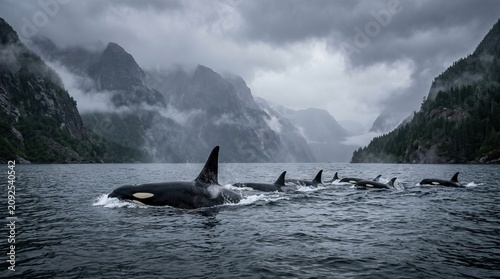 Majestic pod of orcas swimming in fjord