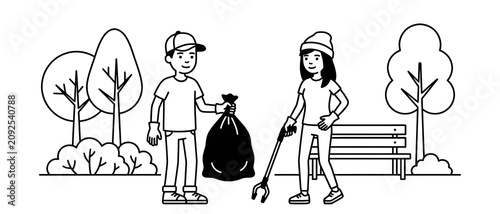 Man and woman cleaning park with tools