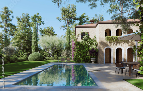 Luxury Mediterranean villa with swimming pool and outdoor dining patio