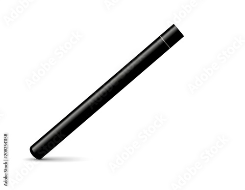 Digital illustration of a sleek, black cylinder with a golden band near one end, angled on a white background, casting a soft shadow
