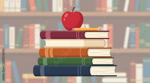A stack of colorful books with an apple on top in library