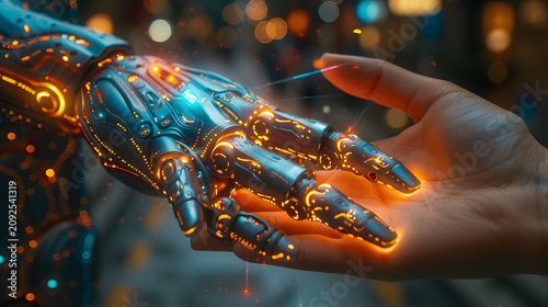 High-Detail 3D Render of Human and Robotic Hands Meeting with Energy Burst, Futuristic Evolution and AI Collaboration Theme
