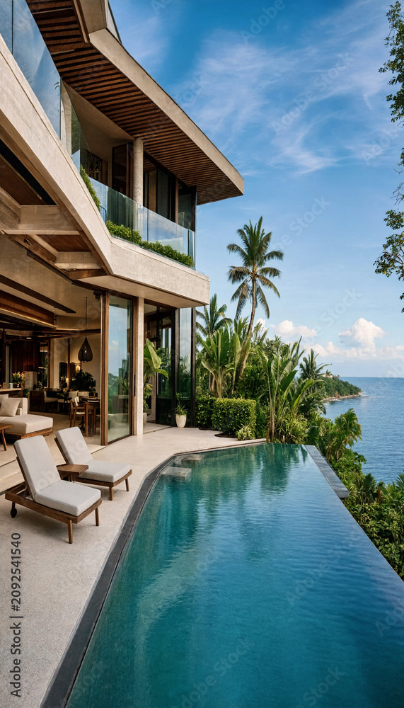 Fototapeta premium Infinity pool of luxury beach villa with palm trees and ocean horizon infinity tropical vacation landscape paradise architecture relaxation sunshine furniture peaceful destination