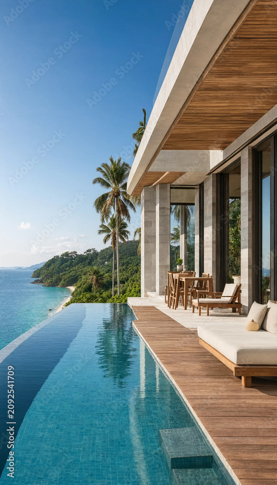 Fototapeta premium Luxury infinity pool overlooking tropical ocean and lush coastline at sunset with infinity tropical vacation landscape paradise architecture relaxation sunshine furniture peaceful