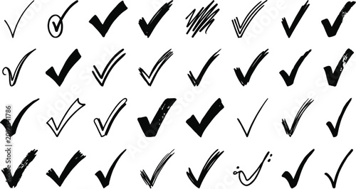 Obraz na plátně Large set of various hand-drawn check mark symbols for checklist and approval de